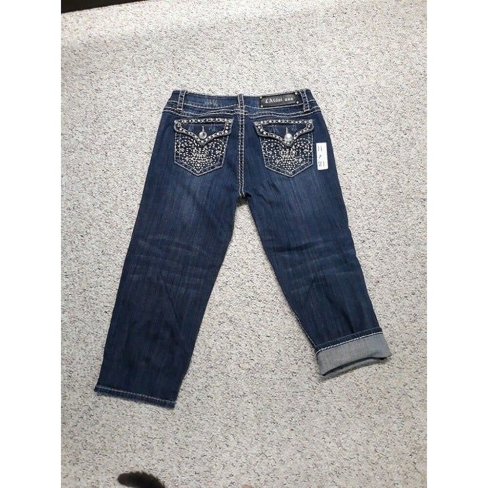 11 La Idol Dark Wash Embellished Bling Capris